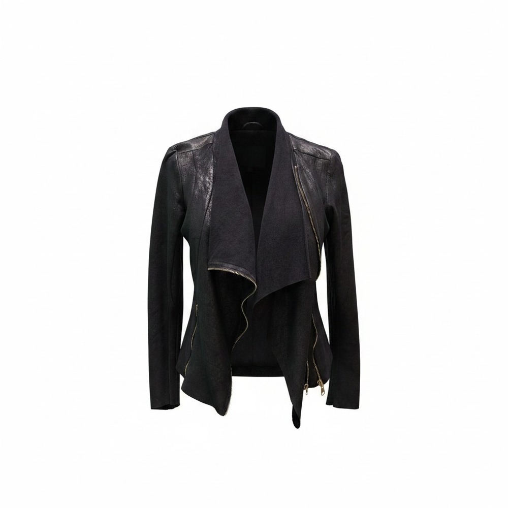Jacket Zara Woman M Womens Black Excellent Faux‎ Leather Drape Asymmetrical Zip